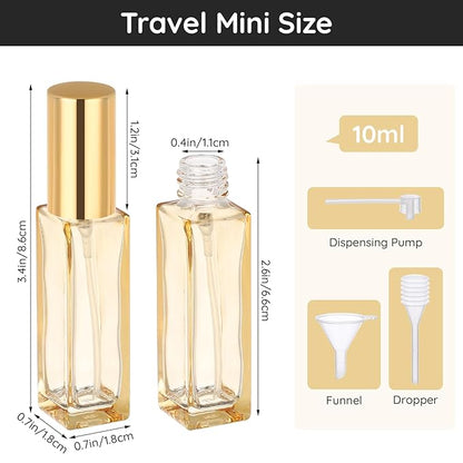Segbeauty 0.34oz Empty Travel Perfume Bottle, 10pcs Glass Portable Perfume Atomizer Refillable, 10ml Mini Cologne Spray Bottles, Small Travel Sample Cologne Bottles with Clear Transfer Tool Set