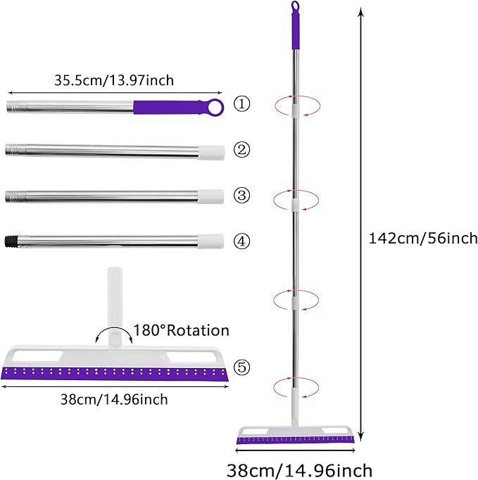 Rubber Air Broom Multifunction Silicone Floor Squeegee, Air Broom for Floor with 56" Long Handle, 4-in-1 Rubber Sweeper for Dirt, Liquids, Pet Hair, Tile Hardwood Floors, Carpet, Living Room (Purple)