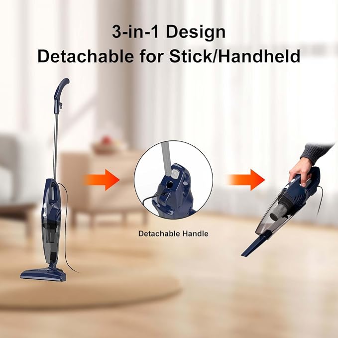 Corded Stick Vacuum Cleaner, 3-in-1 Detachable to Handheld with 180°Left-Right Steering, 14KPA Powerful Suction for Pet Hair on Hard Floors, HEPA Filter, Lightweight with 16.4ft Long Cord