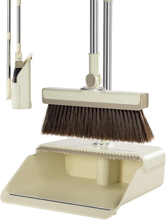 INDCAN Broom and Dustpan Set for Home, 54 Inch Long Handle Upright Broom, Rotatable Broom Head with Magnetic Mount & Self-Cleaning Teeth Comb, Indoor Floor Sweeping Set (Santra Pro) - Ivory
