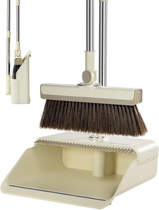 INDCAN Broom and Dustpan Set for Home, 54 Inch Long Handle Upright Broom, Rotatable Broom Head with Magnetic Mount & Self-Cleaning Teeth Comb, Indoor Floor Sweeping Set (Santra Pro) - Ivory
