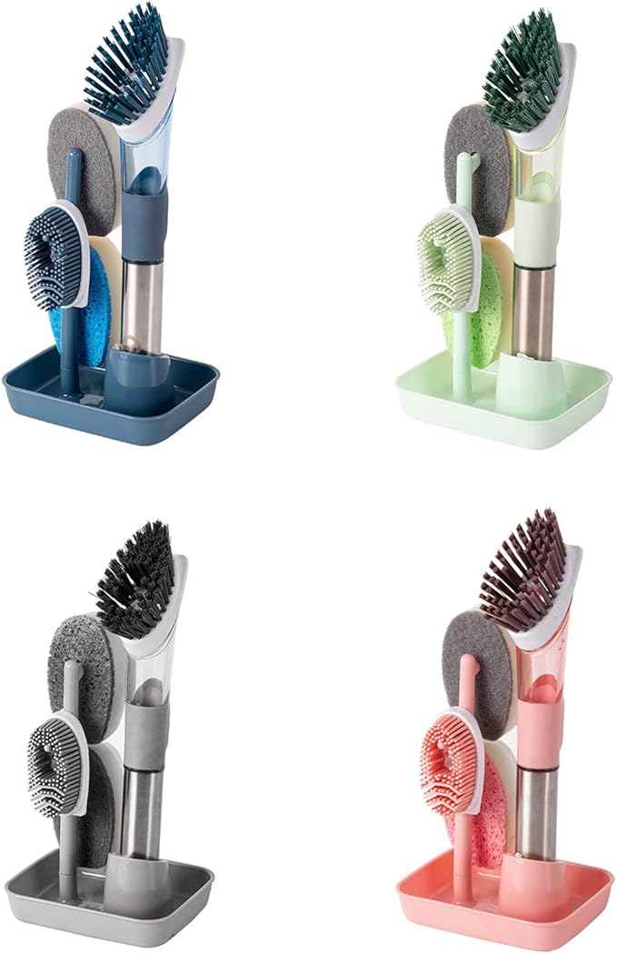 Soap Dispensing Dish Brush with 4 Replacement Heads 4 in 1 Long Handle Cleaner