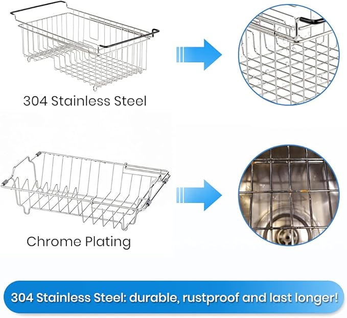 TreeLen Expandable Dish Drying Rack Over the Sink Small Dish Drainer in Sink Adjustable Rustproof Sink Strainers for Kitchen-304 Stainless Steel