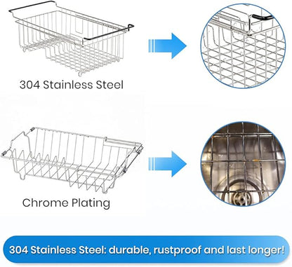 TreeLen Expandable Dish Drying Rack Over the Sink Small Dish Drainer in Sink Adjustable Rustproof Sink Strainers for Kitchen-304 Stainless Steel