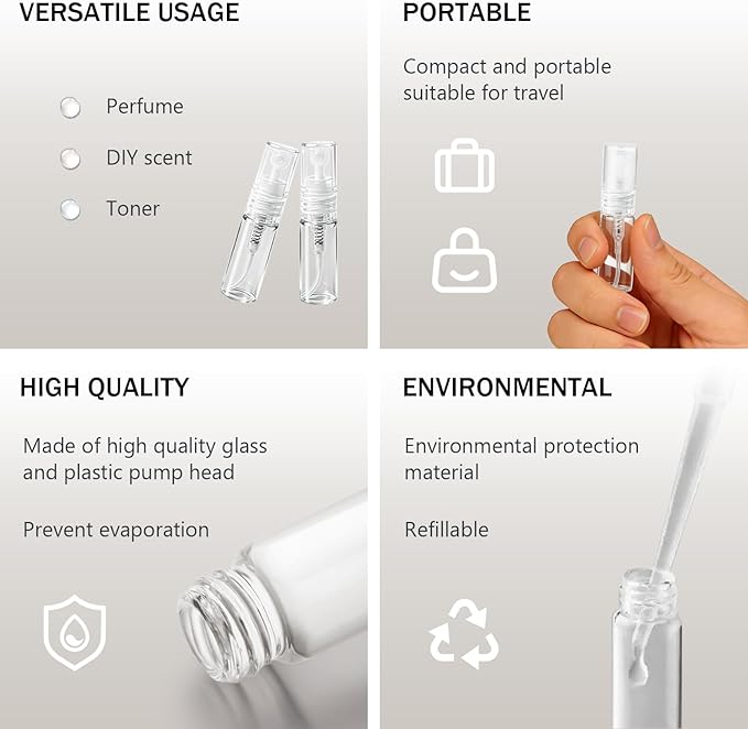 Elfenstal- 25pcs Mini Clear 3ml Fine Mist Atomizer Glass Bottle Spray Refillable Perfume Empty Bottle Glass Clean Cloth for Travel Party Portable Makeup Tool