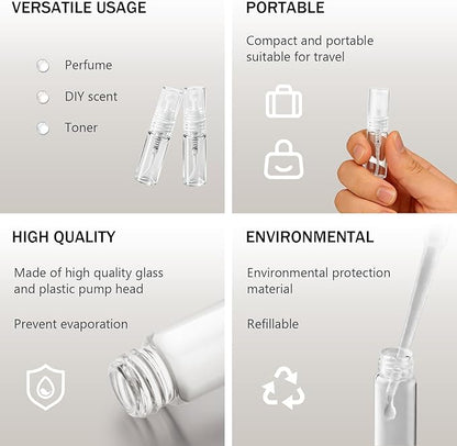 Elfenstal- 25pcs Mini Clear 3ml Fine Mist Atomizer Glass Bottle Spray Refillable Perfume Empty Bottle Glass Clean Cloth for Travel Party Portable Makeup Tool