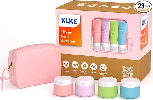 23-Piece All-in-One Silicone Travel Bottles Set – TSA Approved Leakproof Toiletry Kit with Double Bags, Flat Easy-Squeeze Bottles with Tactile Icons, Cream Jars, Pump & Spray, Cleaning Brush