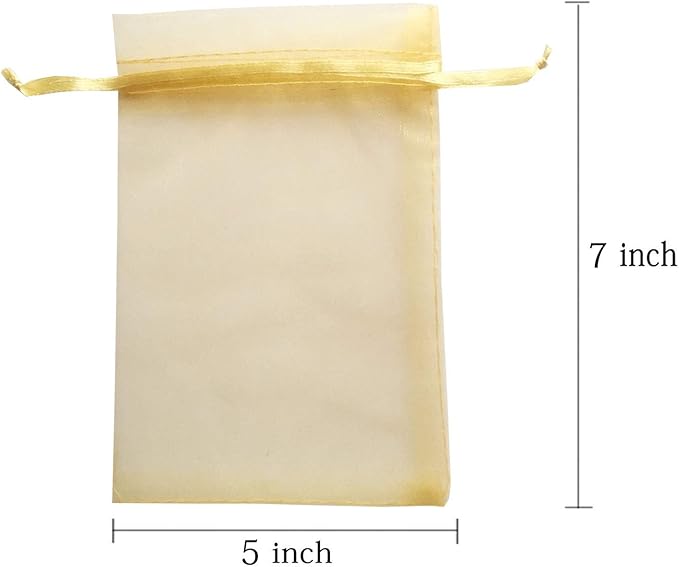 100pcs 5x7 inch Gifts Wrap Bags Gold, Organza Sheer Fabric Bulk, Drawstring Reusable Recycled Pouch for Baby Shower Favor, Craft Business, Beach, Standard Size Elegant Business Card, Cute Little Toy