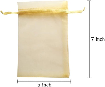 100pcs 5x7 inch Gifts Wrap Bags Gold, Organza Sheer Fabric Bulk, Drawstring Reusable Recycled Pouch for Baby Shower Favor, Craft Business, Beach, Standard Size Elegant Business Card, Cute Little Toy