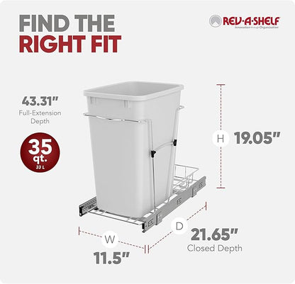 Rev-A-Shelf Single 35 Qt Pullout Trash Can for Base Kitchen Cabinets, Garbage Waste Bin System with Full Extension Slides, Min Opening Width of 11.5", White/Chrome, RV-12KD-11C