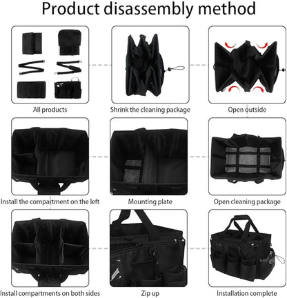 Large Cleaning Caddy Tote with Removable Divider, Heavy-Duty Wearable Apron Organizer with Pockets for Housekeeping, Cleaning Supplies, Tools (Black)