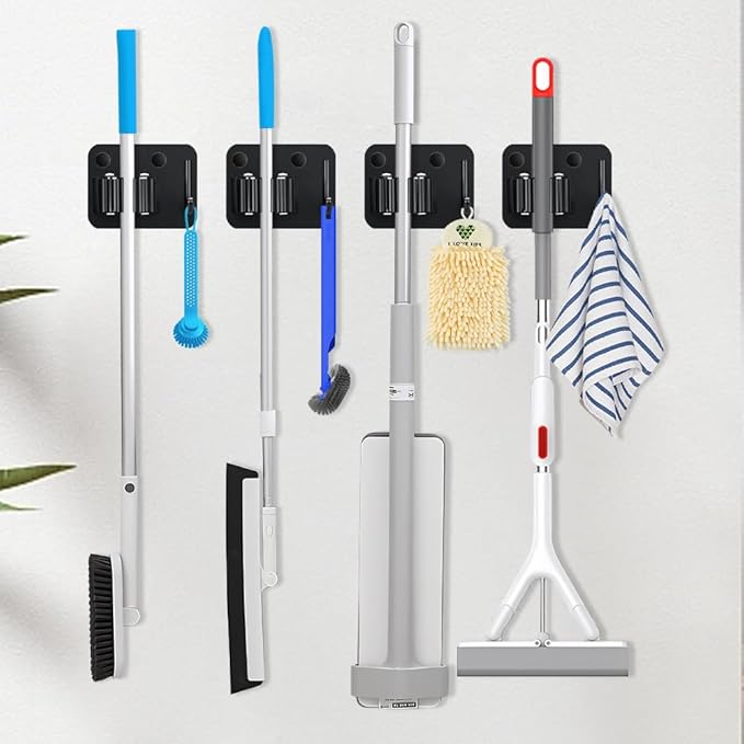 JAMEND CLXP 4-Pack Broom Holder with Heavy Duty Hooks, Upgraded Stainless Steel Mop Hanger. Wall Mount Utility Tool Rack for Kitchen Garden Laundry Garage. Matte Black.