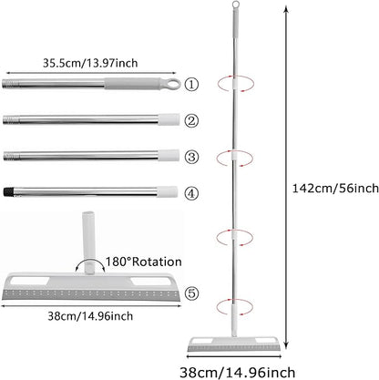 Multifunction Rubber Air Broom, Silicone Floor Squeegee with 56" Long Handle, Rubber Sweeper, Air Broom for Floor Bathroom Kitchen Shower Tile Pet Hair Fur Marble Glass Water Window Foam Clean (Grey)