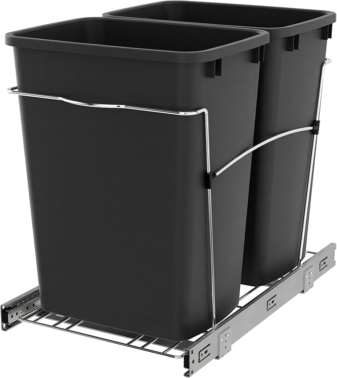 Rev-A-Shelf Double 35 Qt Pullout Trash Can for Base Kitchen Cabinets, Garbage Waste Bin System with Full-Extension Slides, Min Opening Width of 14.5", Black, RV-18KD-18C S