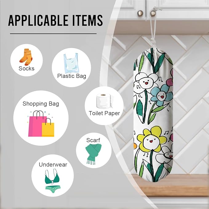Flower Plastic Bag Holder, Reusable Washable Shopping Bags Storage Carrier, Cute Garbage Trash Bag Dispenser for Home Kitchen Pantry Cabinet, Wall Mount, Kitchen Housewarming Gifts