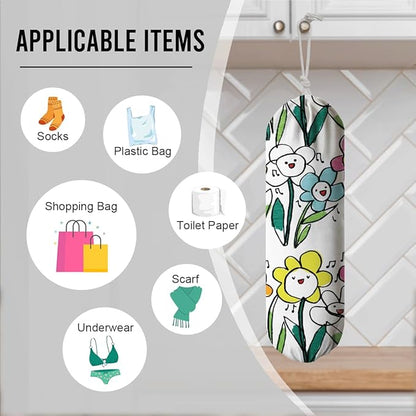 Flower Plastic Bag Holder, Reusable Washable Shopping Bags Storage Carrier, Cute Garbage Trash Bag Dispenser for Home Kitchen Pantry Cabinet, Wall Mount, Kitchen Housewarming Gifts