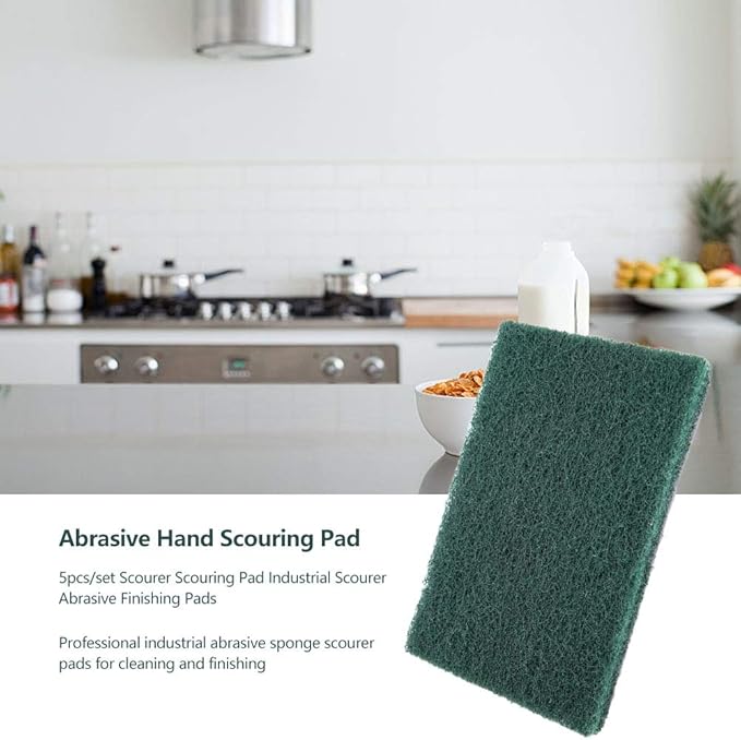 5 Pack Heavy Duty Abrasive Scouring Pads, Sturdy and Efficient Cleaning, Professional Grade Quality, for Kitchen, Car Washing, BBQ, Oven, Tough (Green)