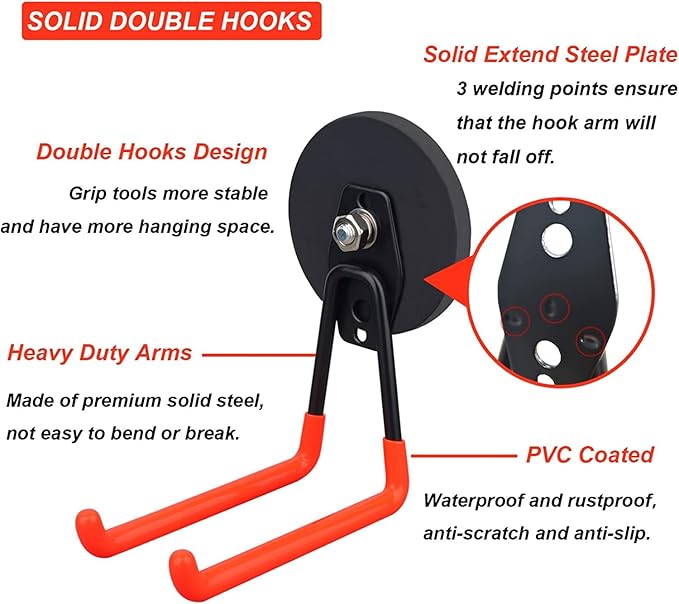 Strong Utility Magnetic Hooks,Anti-Slip Coated Large Magnetic Hooks Heavy Duty No Drilling Garage Organizer Magnet Hooks for Hanging Garden Hoses