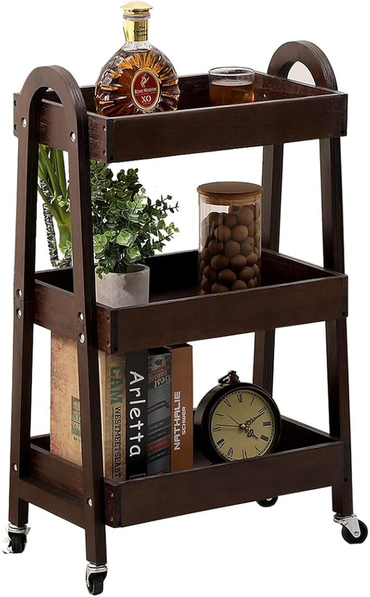 3-Tier Wooden Rolling Cart- Wooden Utility Cart wit Wheels- Utility Rolling Cart-Storage Trolley Organizer- Rolling Kitchen Cart Serving Cart for Office,Kitchen, Kids' Room (Walnut Color)
