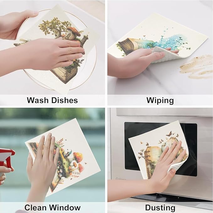 6 - Pack Swedish Kitchen Dish Cloths - Reusable Paper Towels for Counters & Dishes - Eco Friendly Cellulose Sponge Cloth (Mushroom)
