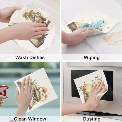 6 - Pack Swedish Kitchen Dish Cloths - Reusable Paper Towels for Counters & Dishes - Eco Friendly Cellulose Sponge Cloth (Mushroom)
