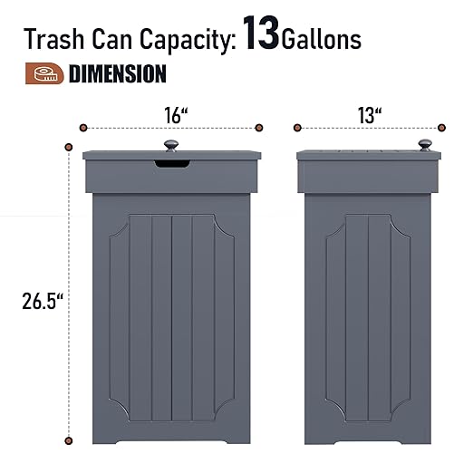Function Home Trash Can Cabinet, 13 Gallon Kitchen Garbage Can, Wood Recycling Trash Bin, Freestanding Dog Proof Trash Can, Farmhouse Trash Cabinet with Lid for Home Kitchen Bathroom, Grey