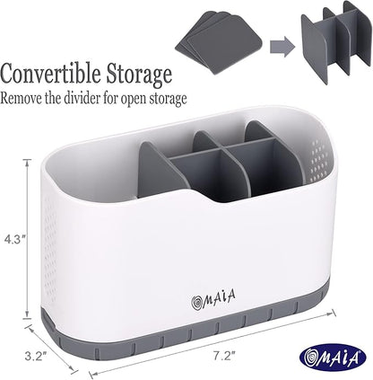 OMAIA Sink Caddy - Sink Organizer for Home, Kitchen, Wash Basin - Holder with Removable Dividers for Sponge, Brush, Toothbrush… White