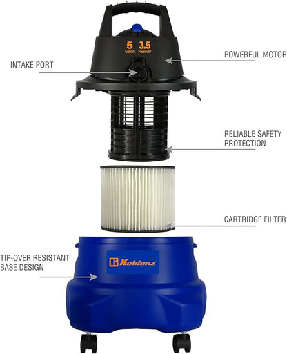 Koblenz WD-5 L2 Wet Dry Vacuum Cleaner, 5 Gallon Shop Vac 3.5 PHP, 3-in-1 Suction & Blower, Swivel Casters, Twist-N-Lock Hose, Large Vacuum Cleaners for Home, Workshop, Car, Blue/Black
