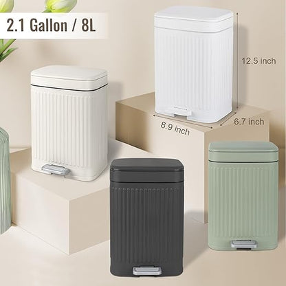rejomiik Small Bathroom Trash Can with Lid 2.1 Gallon Soft Close Step Slim Garbage Can Waste Bin for Office, Bedroom, Kitchen, White