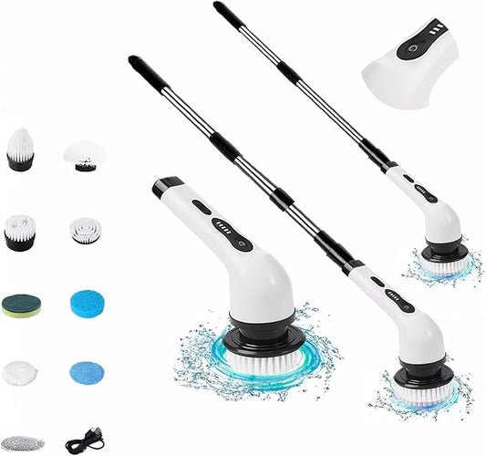 ikaufen Spin Scrubber for Cleaning Bathroom, Cordless Cleaning Brush, 9 Replacement Head, Shower Cleaning Brush with Extension Arm for Bathroom, Tub, Tile, Floor