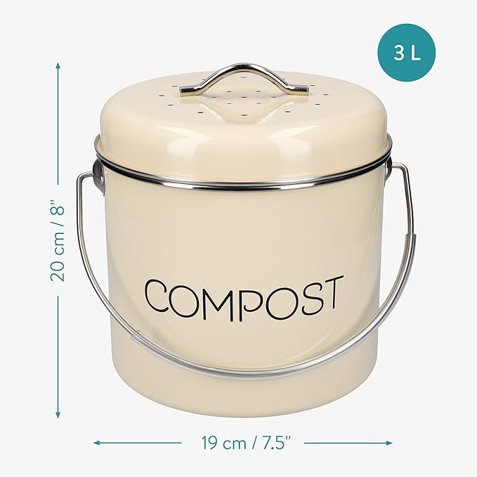 Navaris Compost Bin for Kitchen Counter - 0.8 Gallon (3L) Metal Countertop Indoor Composter Bucket with Charcoal Filters and Lid - Cream, Size Small