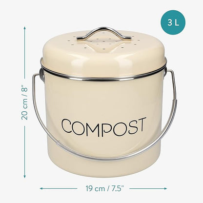 Navaris Compost Bin for Kitchen Counter - 0.8 Gallon (3L) Metal Countertop Indoor Composter Bucket with Charcoal Filters and Lid - Cream, Size Small