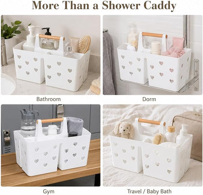 White Portable Shower Caddy Basket with Handle, 3-Compartment Plastic Shower Tote with Drain Holes, Cute Bathroom Organizer for College Dorm, Shared Bathroom, Gym, Travel, Skincare & Cleaning Supplies