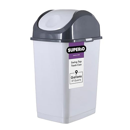 Superio Kitchen Trash Can with Swing Top Lid 9 Gallon Slim Waste Bin 37 Qt Sturdy Plastic Garbage Can Medium Recycling Bin for Office, Bathroom, Under Counter, Dorm, Bedroom (Smoke White/Grey, 2)