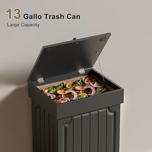 Povrgive Wood Trash Can Cabinet, 13 Gallon Hidden Kitchen Garbage Can with Lid, Farmhouse Dog Proof Trash Can, Metal Ring Included, 16" L x 13" W x 26.5" H, Black