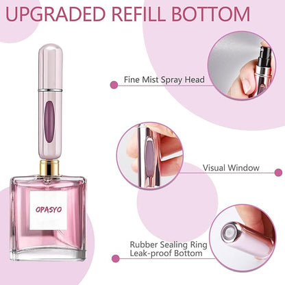 opasyo 4 Pcs Mini Perfume Atomizer Refillable Bottle, 5ml Portable Bottom Fill Scent Dispenser, Leak-Proof Cologne Travel Spray Pump for Purse & Luggage (Silver/Pink/Blue/Black)
