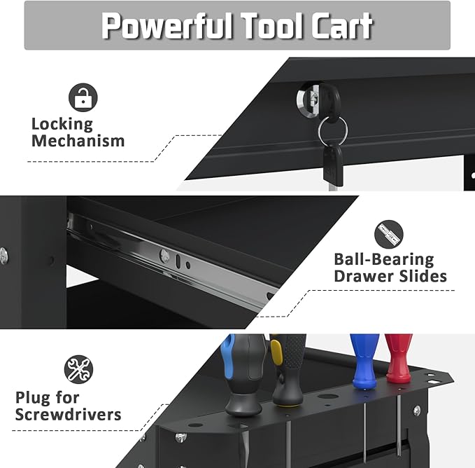 3 Tier Rolling Tool Cart with Drawers, 400 LBS Capacity Mechanic Tool Cart on Wheels, Heavy Duty Utility Cart with Pegboard, Metal Work Cart for Garage and Repair Shop, Matte Black