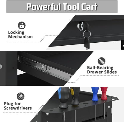 3 Tier Rolling Tool Cart with Drawers, 400 LBS Capacity Mechanic Tool Cart on Wheels, Heavy Duty Utility Cart with Pegboard, Metal Work Cart for Garage and Repair Shop, Matte Black