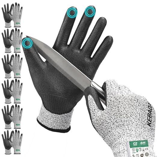 Kebada Cut Resistant Gloves, ANSI A2 Cutting Glove, PU Coated, Touchscreen, Multi-Purpose Model C2, 6 Pairs, Medium