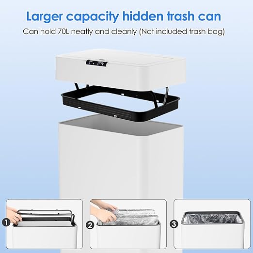 Sensor Trash Can, Touchless Motion Sensor Trash Bin, Smart Automatic Garbage Can with Soft-Close Lid, Bag Retainer Ring and Display Light,for Kitchen,Living Room Office (White, 18.5 Gal)