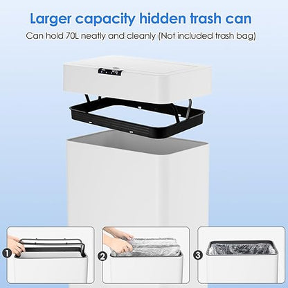 Sensor Trash Can, Touchless Motion Sensor Trash Bin, Smart Automatic Garbage Can with Soft-Close Lid, Bag Retainer Ring and Display Light,for Kitchen,Living Room Office (White, 18.5 Gal)