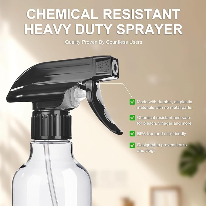 Uineko Spray Bottles 2-Pack, 10 Oz, Mist & Stream, Heavy Duty Spraying Empty Water Sprayer Bottle, BPA Free Plastic Refillable Containers for Cleaning Solutions, Plants, Hair, Essential Oils (Clear)