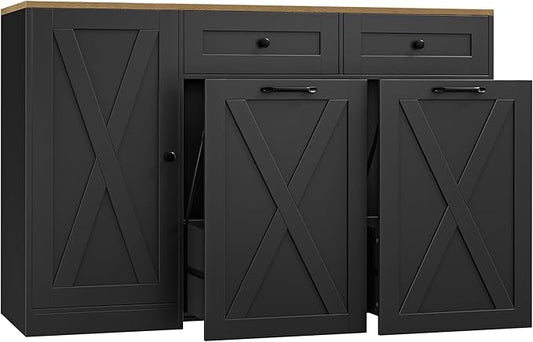 HOSTACK 12.5 Gallon Kitchen Trash Cabinet, 47" Double Trash Can Cabinet, Large Pull Out Can Storage Drawers, Wood Farmhouse Hidden Garbage Storage Buffet for Kitchen, Dining Room, Black