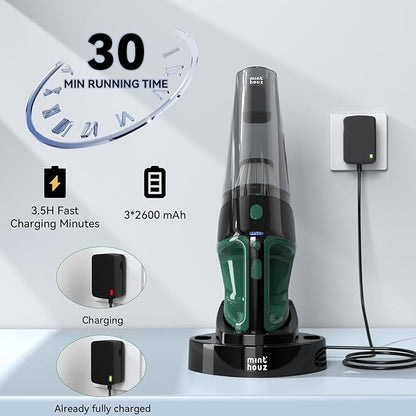 Minthouz Handheld Vacuum Cordless, Strong Suction Car Vacuum Cleaner with LED Light, Long Runtime Hand Vacuum Cordless Rechargeable, Hand Held Vac with Charging Base for Home/Car/Pet/Office