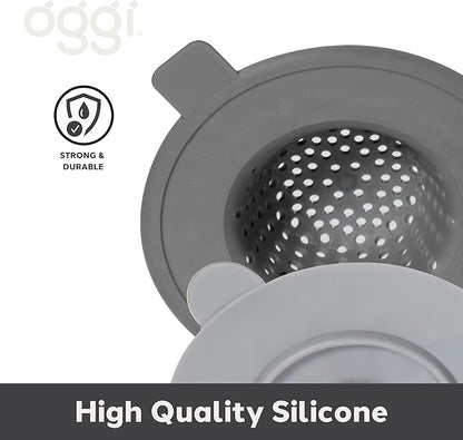 OGGI Silicone Sink Strainer & Stopper Set- Great Kitchen Sink Strainer, Silicone Drain Stopper, Sink Drain Strainer, Sink Plug 4.6˝ Diameter Rim, Gray