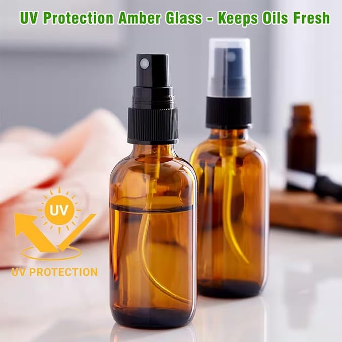 2oz Amber Glass Spray Bottles for Essential Oils, Hair, Skincare, Cleaning & Travel,4-Pack Small Empty Spray Bottle