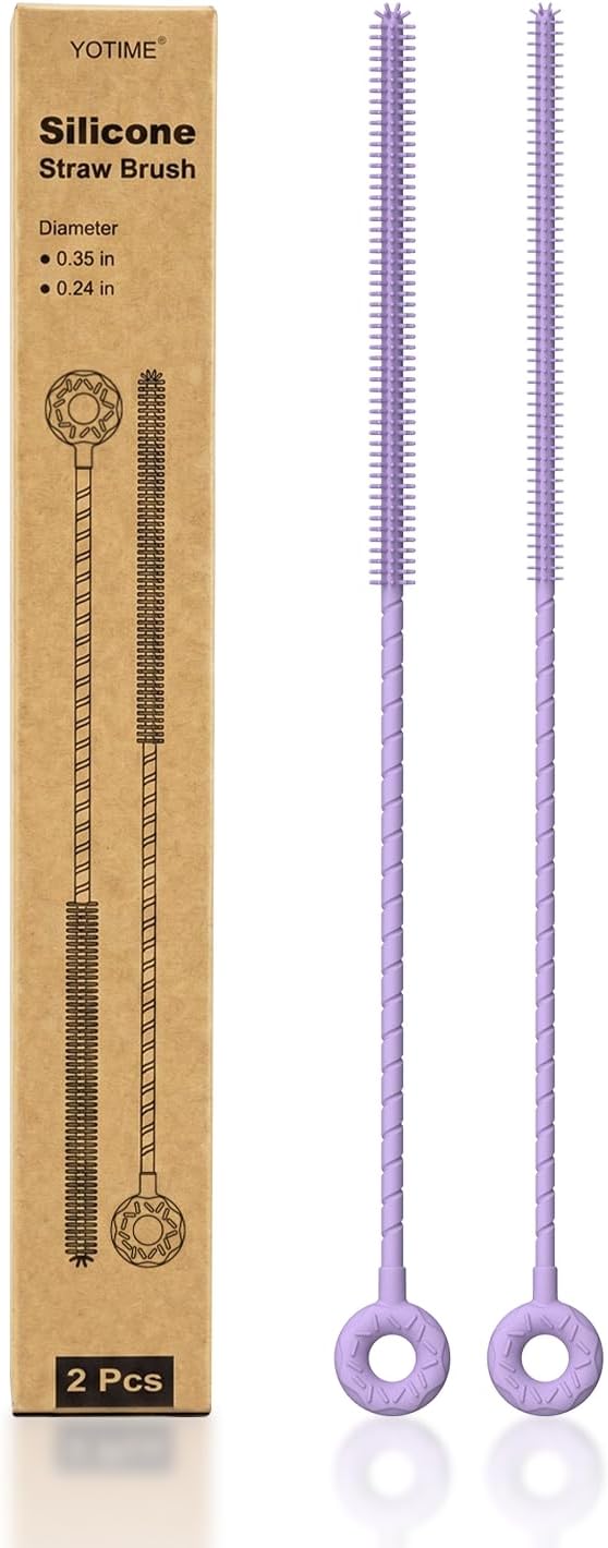 YOTIME Silicone Straw Cleaner Brush, 2 Pcs Reusable Straw Brush(6mm+9mm) for Cleaning Narrow & Wide Straws, Tumblers, Purple