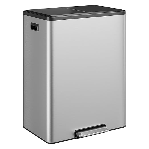 16 Gallon/60 L Dual Trash Can, Stainless Steel Garbage Can with Soft-Close Lid & Step Pedal, 2 x 8 Gallon Commercial Double Recycling Bin with 2 Removable Inner Buskets for Kitchen Office, Silver