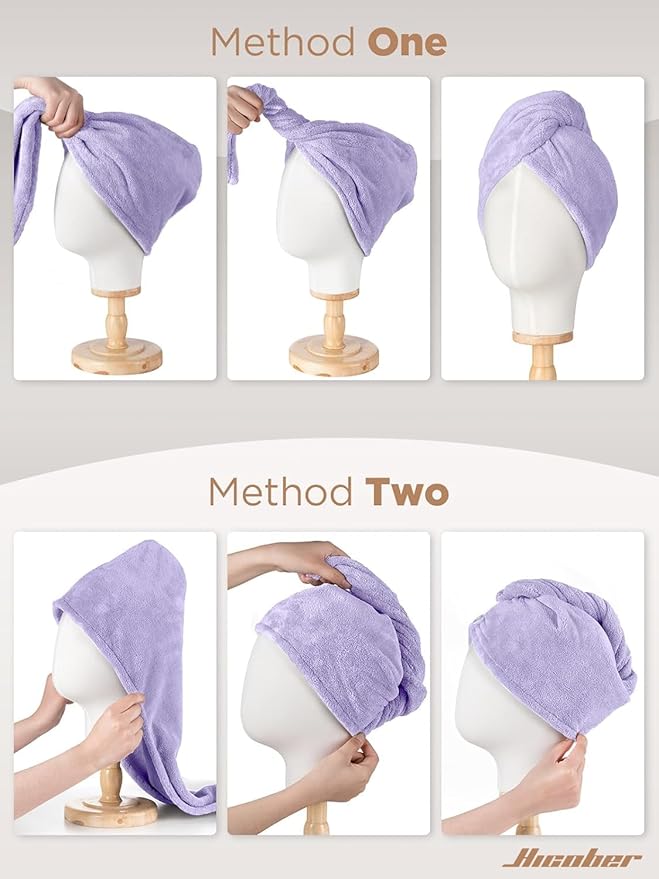 Hicober Microfiber Hair Towel, 2Packs Hair Turbans Wrap for Women Wet Hair, Hair Drying Towels for Curly Hair Anti Frizz(Purple,Pink)