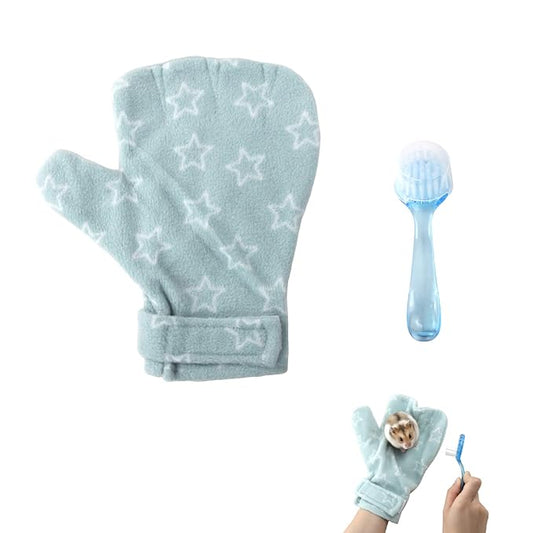1Pcs Hamster Bite Proof Glove and Grooming Brush Set, Adjustable Hamster Glove, Lid Soft Cleansing Brush Massage Combs, Guinea Pig Brush, Hamster Care Set for Hamsters, Ferrets, Hedgehog (Green Stars)
